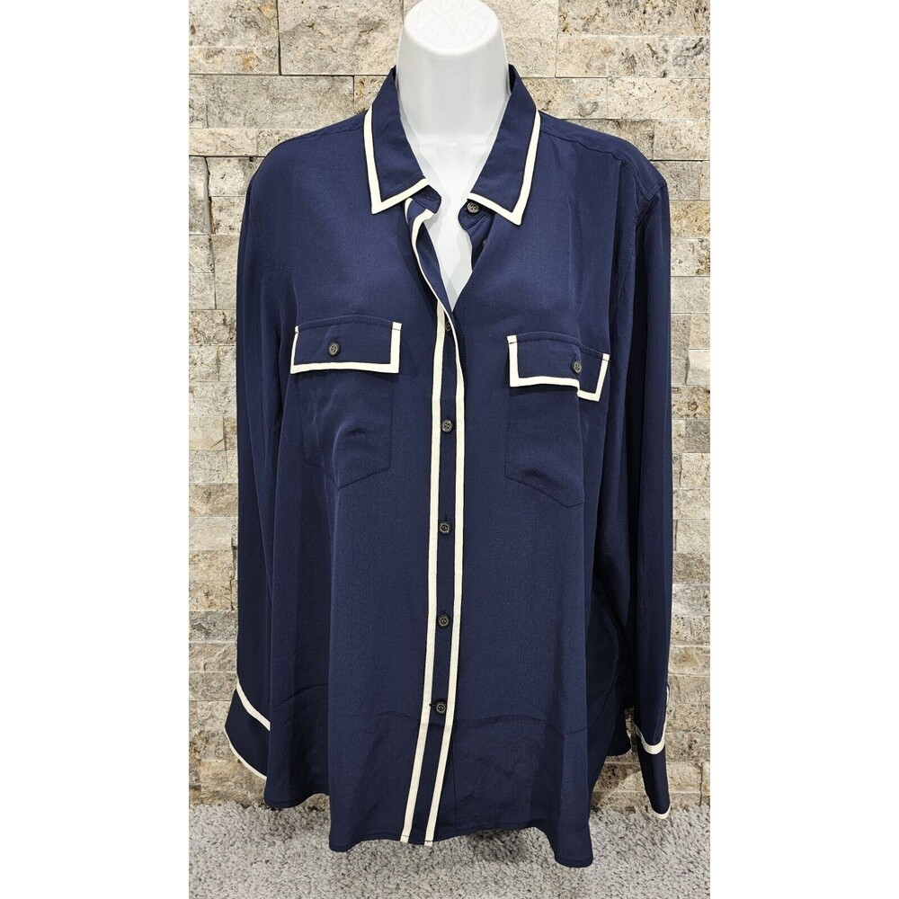 RARE 100% silk J.Crew Classic Fit Button Up Shirt Womens 18 Navy Blue White Trim